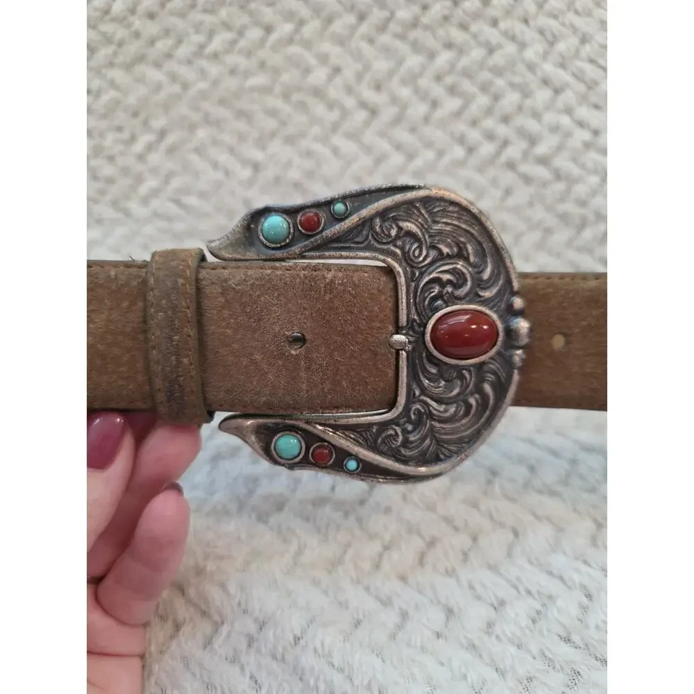 Kenneth Cole RodeoCutie Taupe Suede Leather Cowgirl Southwestern Buckle Belt MED
